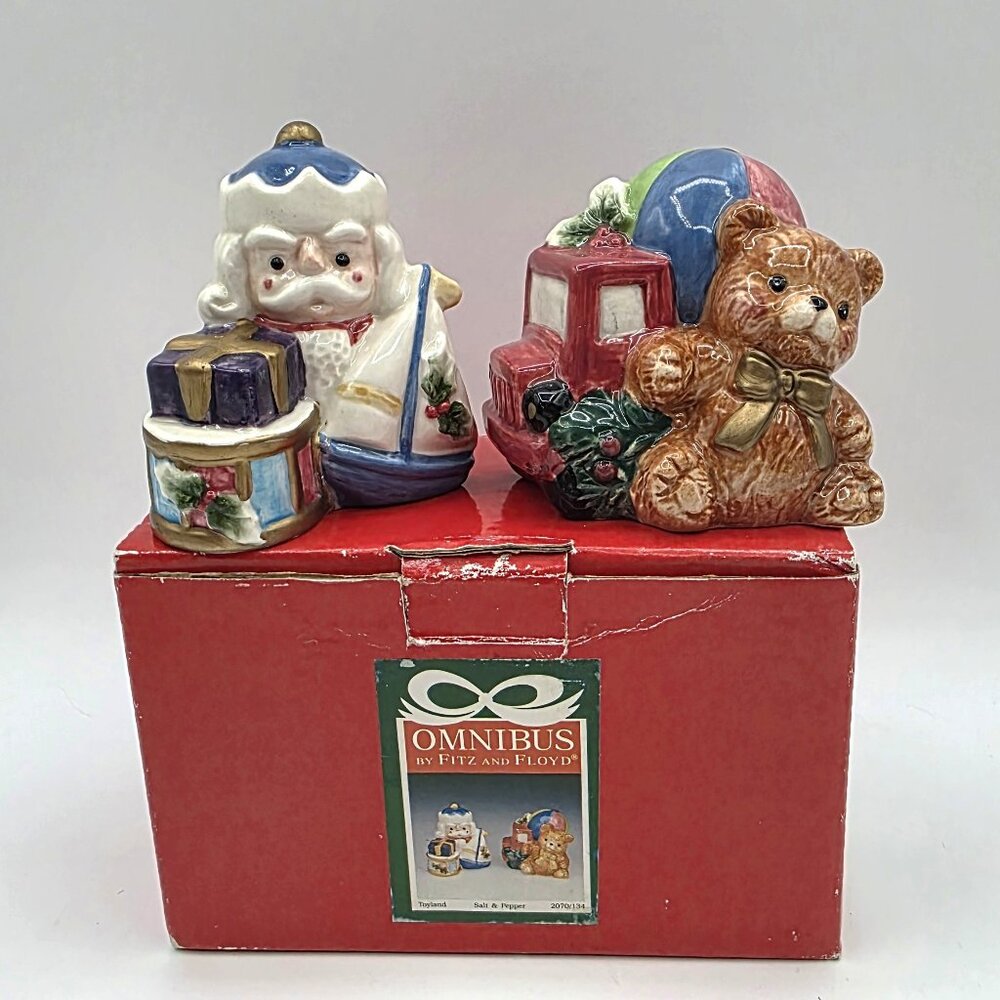 Fitz and Floyd Omnibus Toyland Salt & Pepper Shakers Vtg Original Box Never Used